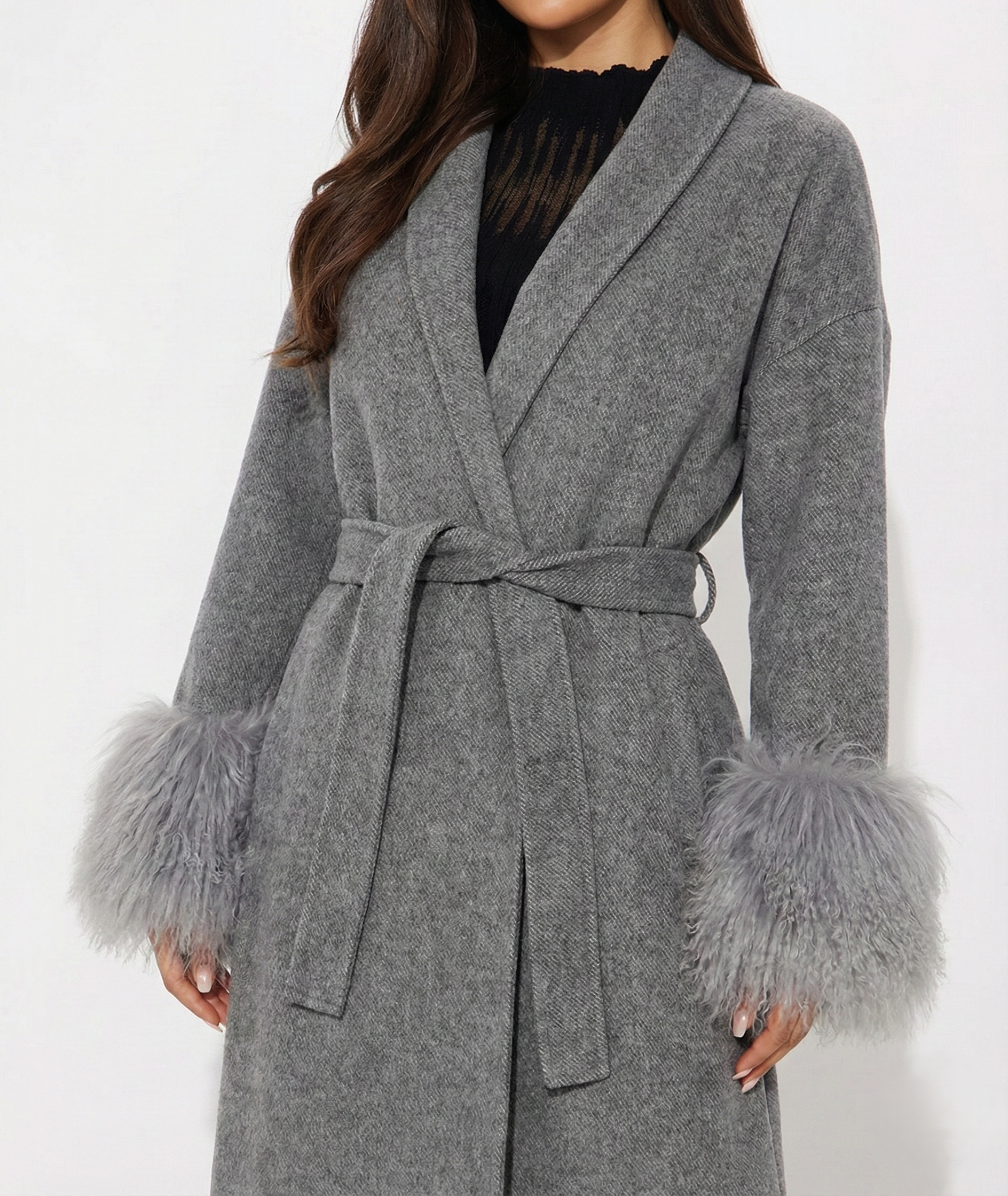 Fur Cuff Wool Wrap Coat