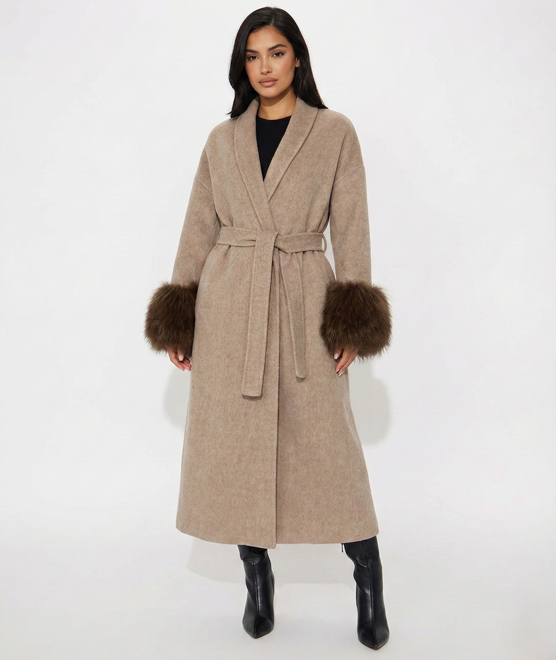 Fur Cuff Wool Wrap Coat
