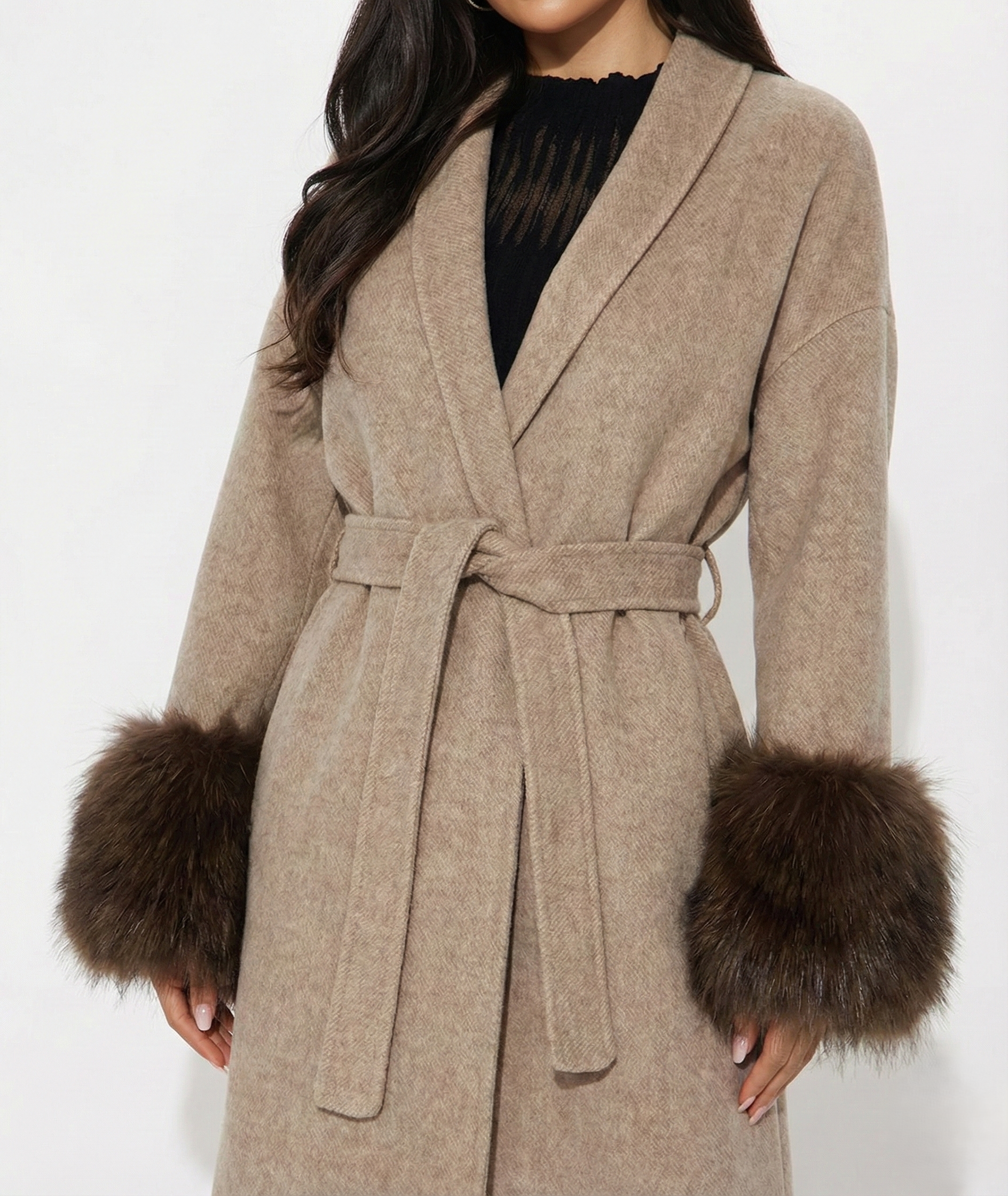 Fur Cuff Wool Wrap Coat