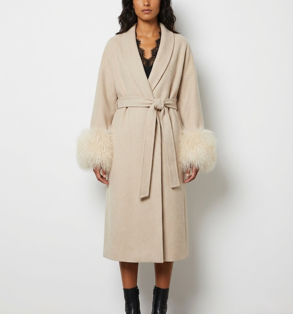 Fur Cuff Wool Wrap Coat