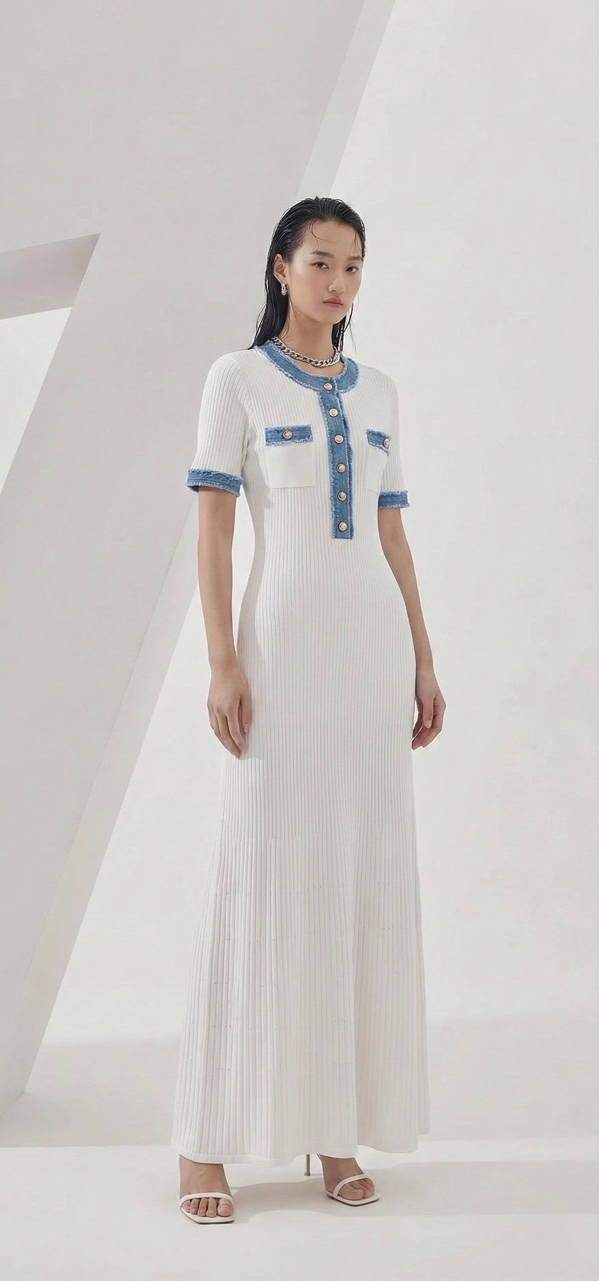 Elara Denim Trim Maxi Dress